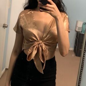 Champagne Satin Tie Front Bow Top